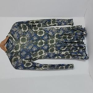 Free People Women's Green Gray Blue Floral Keyhole Back Long Sleeve Top, XS